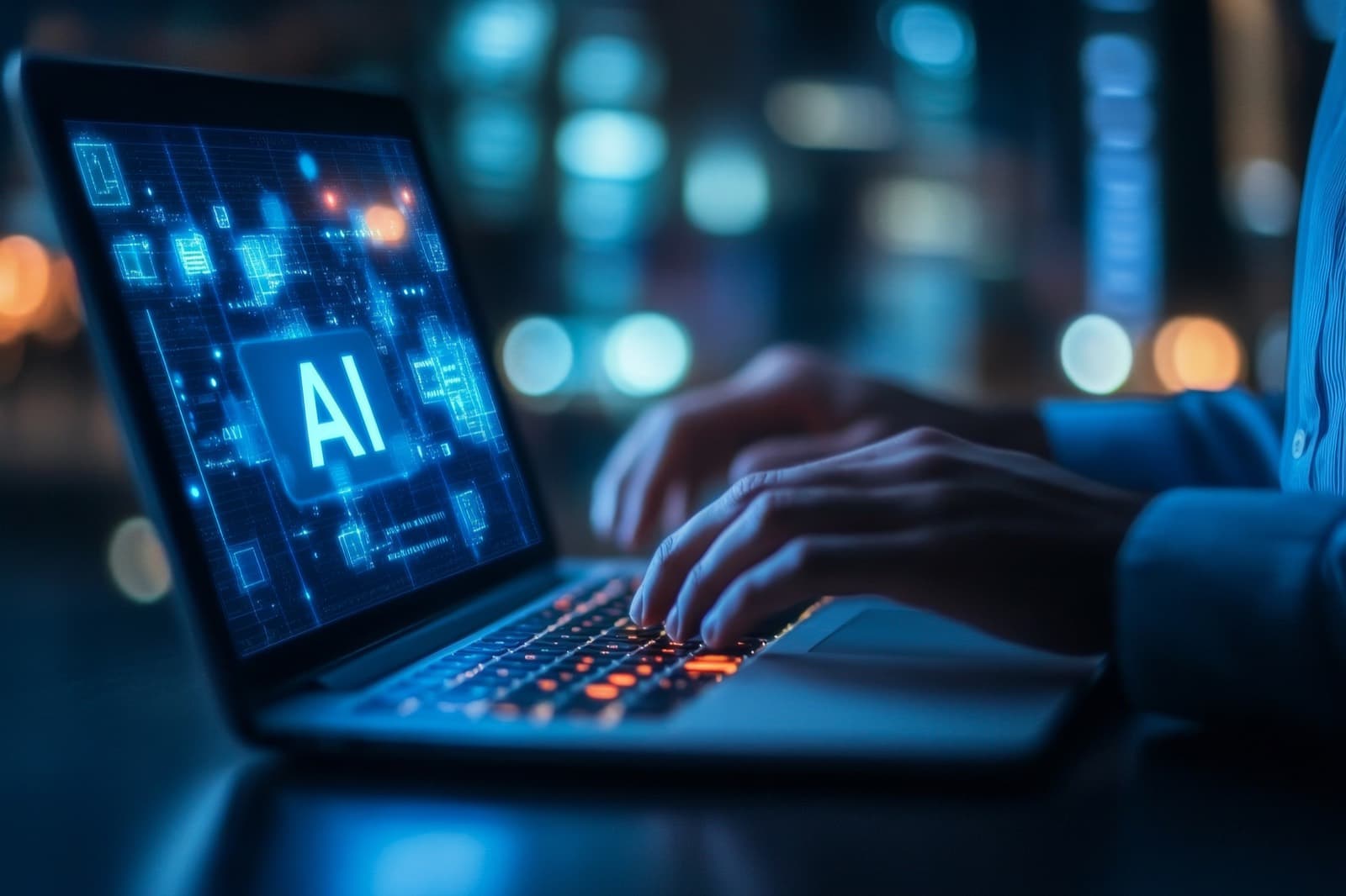 Professional using an AI writing assistant on a laptop
