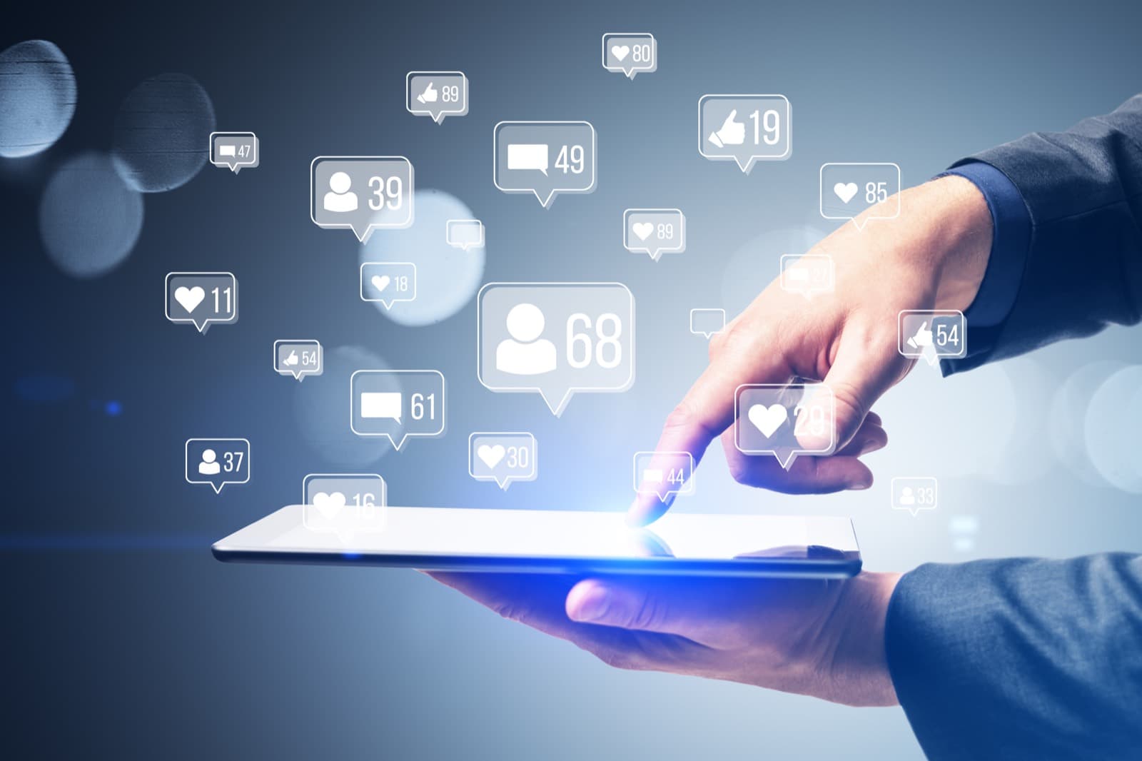 Social media and communication icons over a mobile workflow